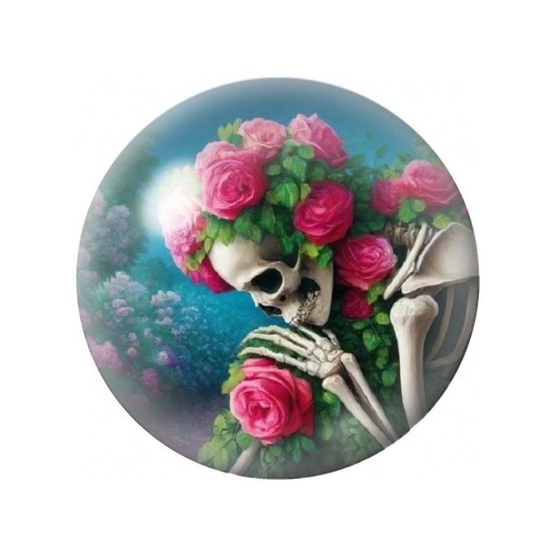Cabochon en Verre Illustré Squelette Couronné de Roses 12 à 25mm