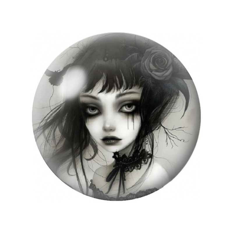 Cabochon en Verre Illustré Femme Gothique à la Rose Noire 12 à 25mm