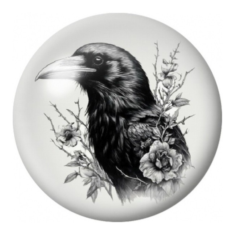 Cabochon en Verre Illustré Corbeau aux Roses Noires 12 à 25mm