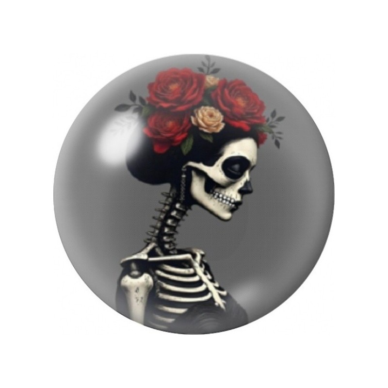 Cabochon en Verre Illustré Femme Squelette aux Roses Rouges 12 à 25mm