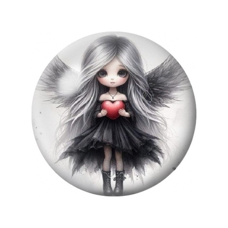 Cabochon en Verre Illustré Jeune Ange Gothique au Cœur Rouge 12 à 25mm