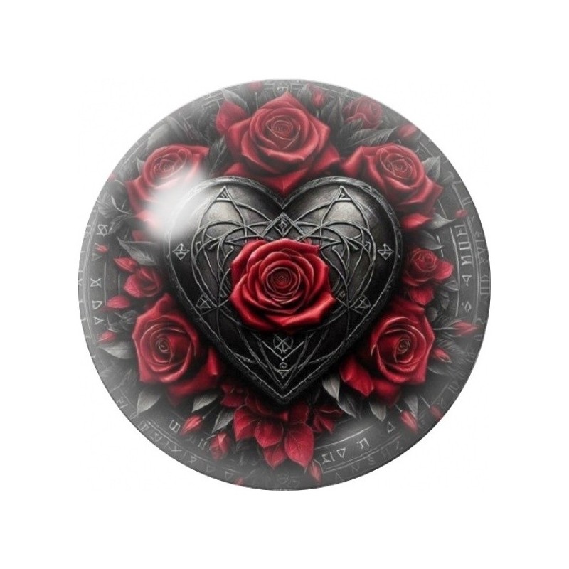 Cabochon en Verre Illustré Cœur Noir Ouvragé aux Roses Rouges 12 à 25mm