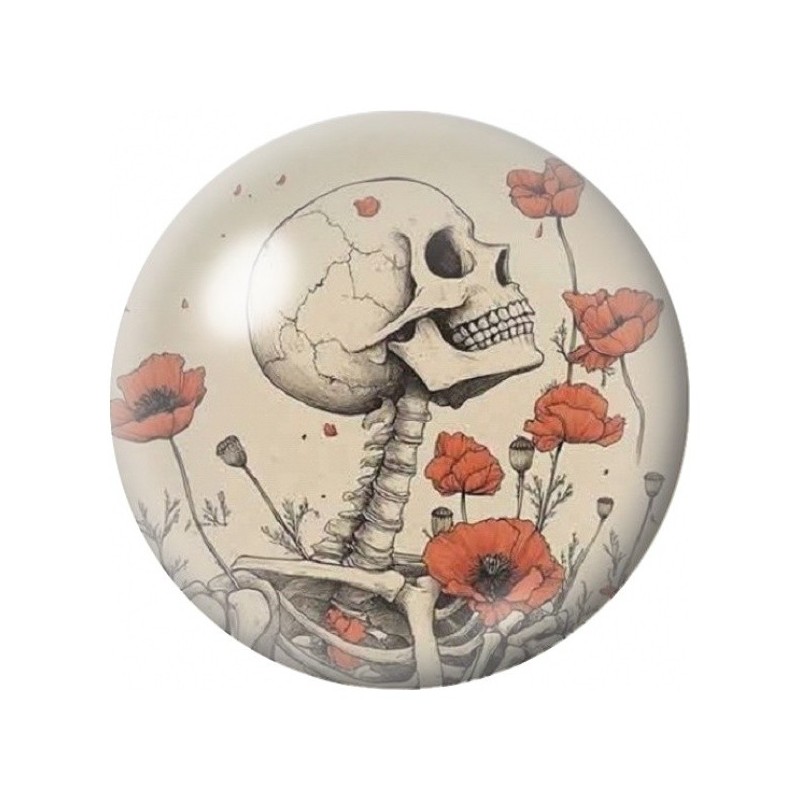 Cabochon en Verre Illustré Squelette aux Coquelicots 12 à 25mm