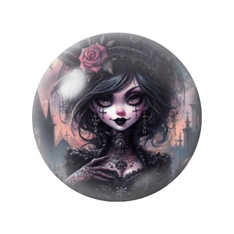 Cabochon en Verre Illustré Femme Gothique aux Roses Mauves 12 à 25mm