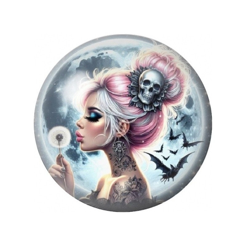 Cabochon en Verre Illustré Femme au Crâne et Pissenlit 12 à 25mm