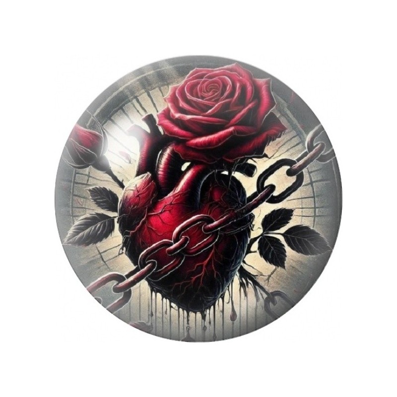 Cabochon en Verre Illustré Cœur Enchaîné à la Rose 12 à 25mm