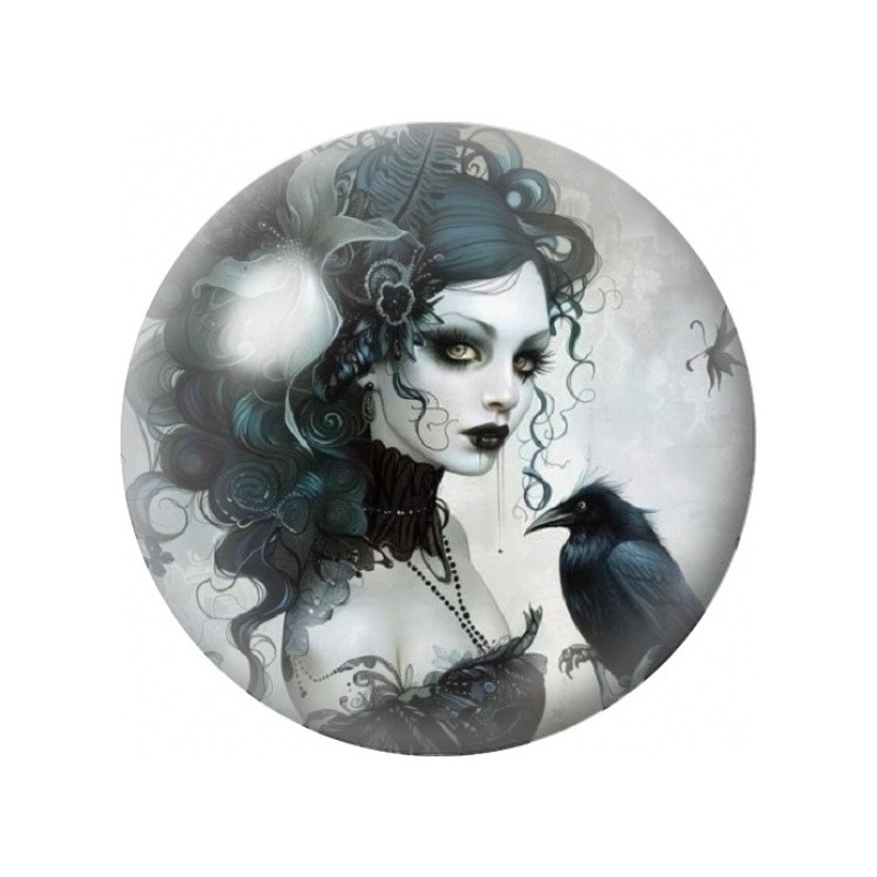 Cabochon en Verre Illustré Femme au Corbeau Noir 12 à 25mm