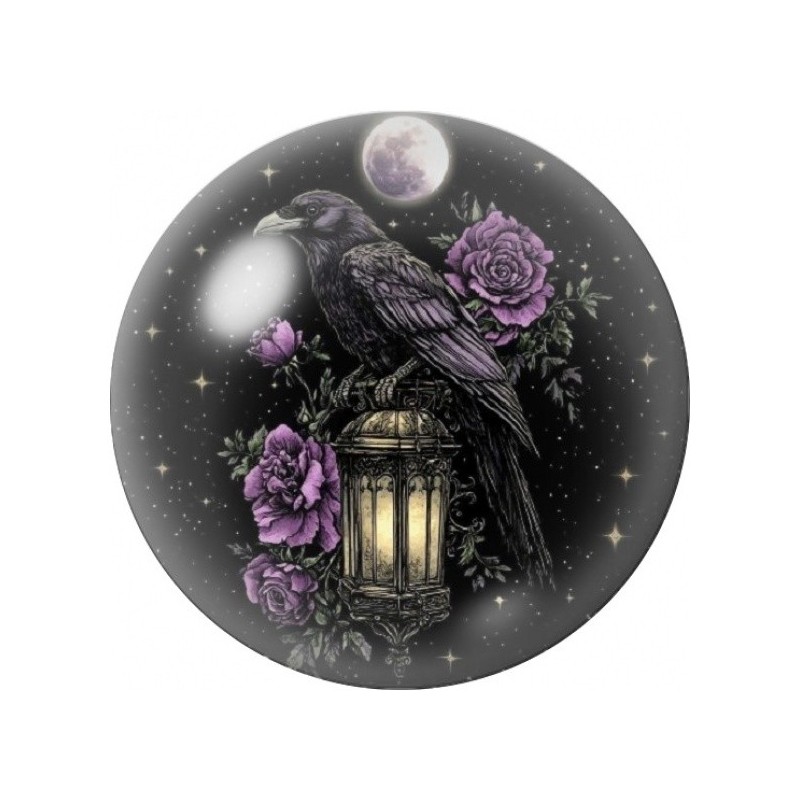 Cabochon en Verre Illustré Corbeau aux Roses Violettes 12 à 25mm