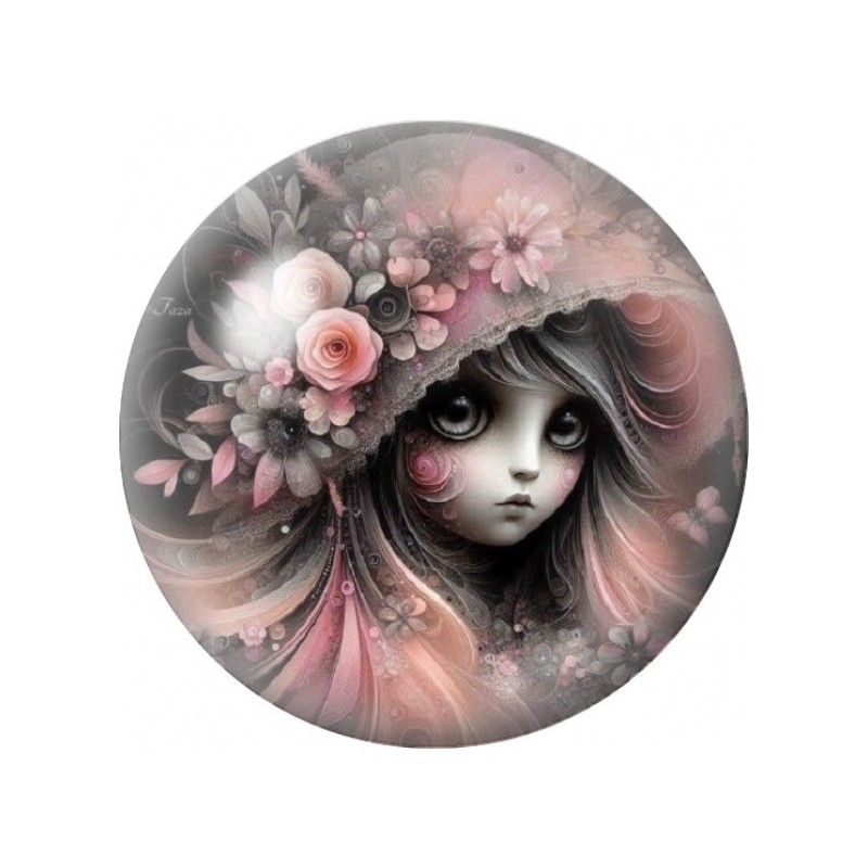 Cabochon en Verre Illustré Petite Fille aux Fleurs Roses 12 à 25mm