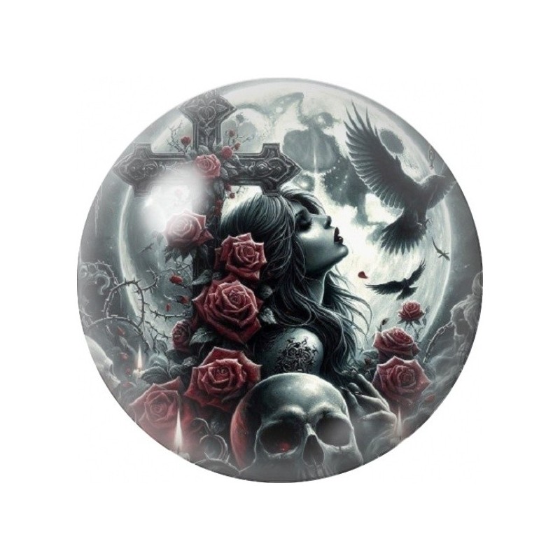 Cabochon en Verre Illustré Femme aux Roses et Corbeaux 12 à 25mm