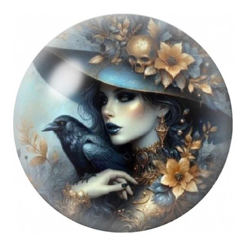 Cabochon en Verre Illustré Sorcière au Corbeau Bleu 12 à 25mm
