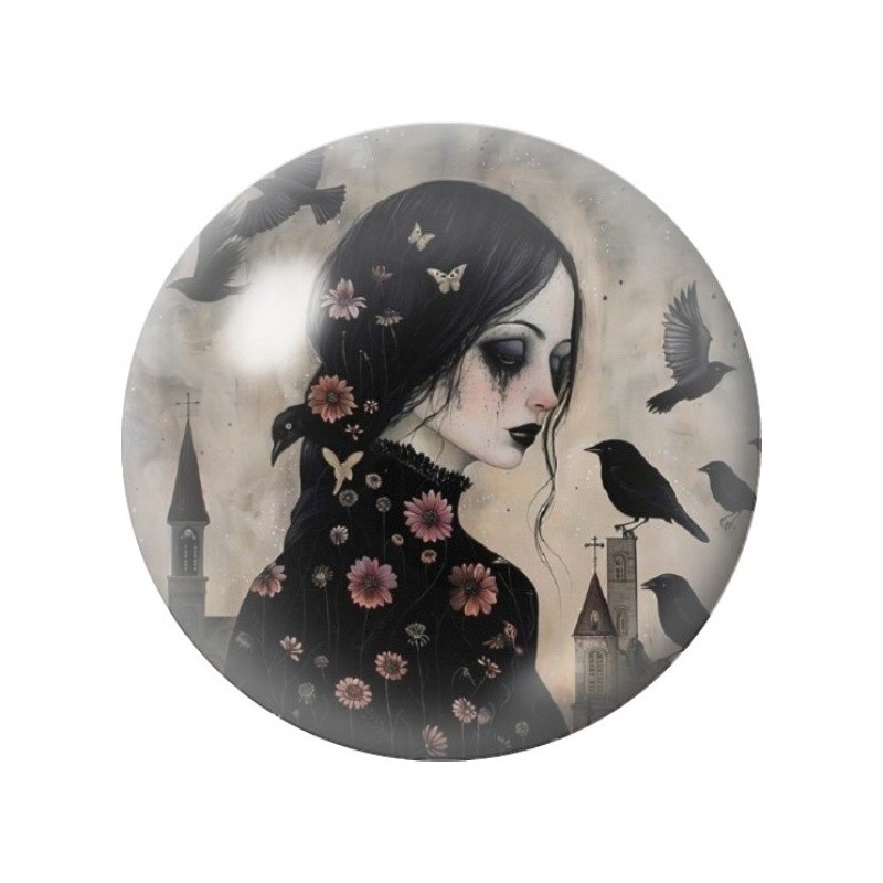 Cabochon en Verre Illustré Femme aux Corbeaux 12 à 25mm