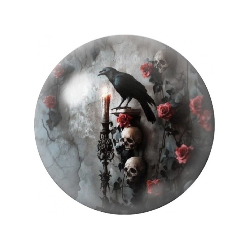 Cabochon en Verre Illustré Corbeau aux Bougies et Crânes 12 à 25mm
