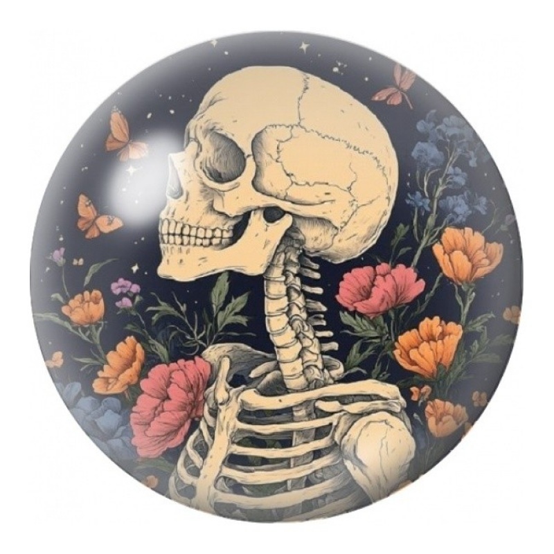 Cabochon en Verre Illustré Squelette de Profil aux Fleurs Orange 12 à 25mm