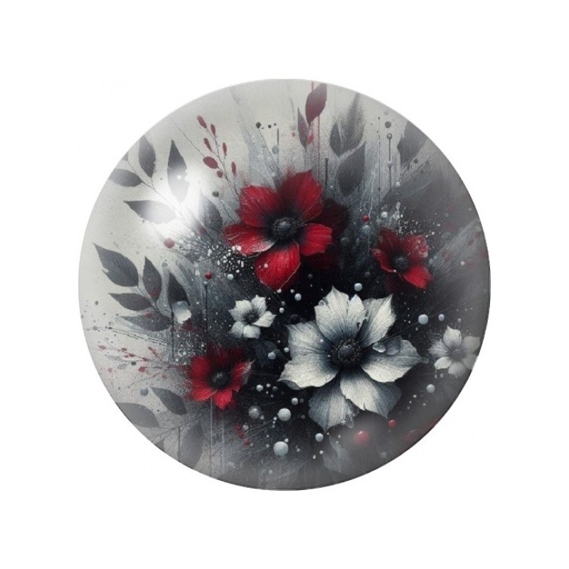 Cabochon en Verre Illustré Bouquet Rouge Noir et Blanc 12 à 25mm