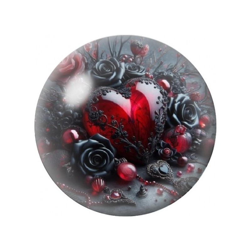 Cabochon en Verre Illustré Cœur Rouge aux Roses Noires 12 à 25mm