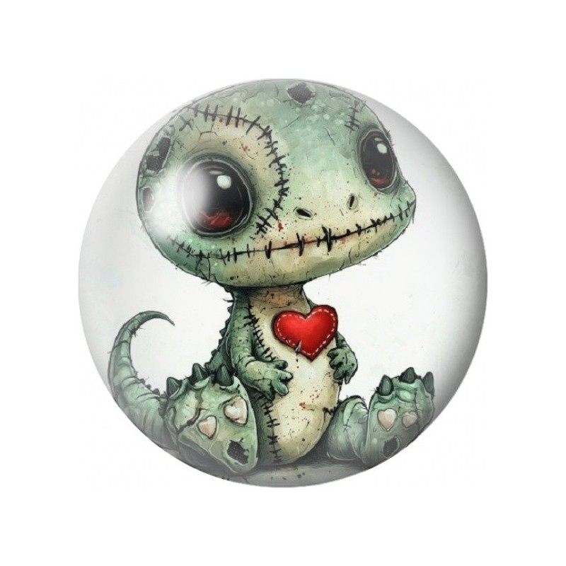 Cabochon en Verre Illustré Dinosaure Cousu au Cœur Rouge 12 à 25mm