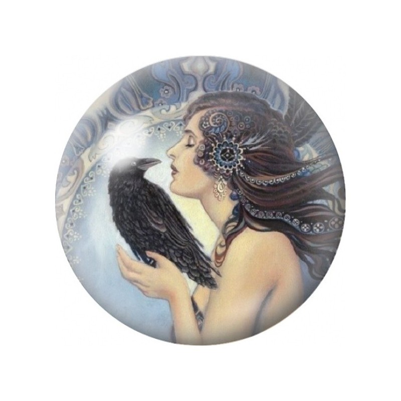 Cabochon en Verre Illustré Femme au Corbeau Bleu 12 à 25mm