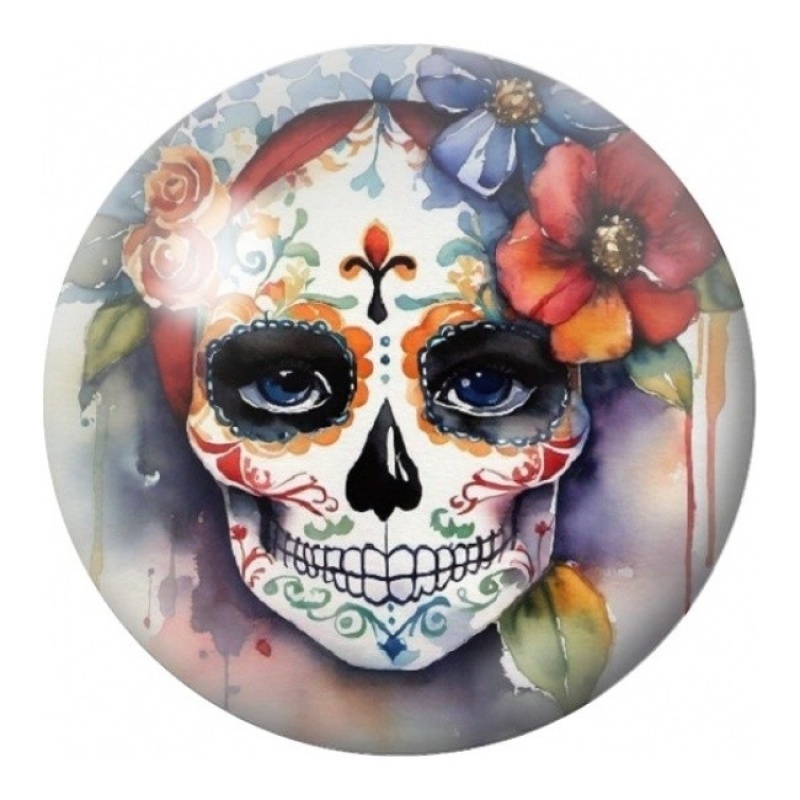 Cabochon en Verre Illustré Calavera aux Fleurs Colorées 12 à 25mm