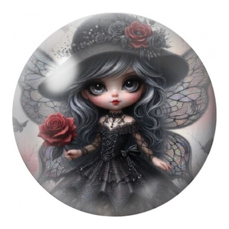 Cabochon en Verre Illustré Fée Gothique à la Rose Rouge 12 à 25mm