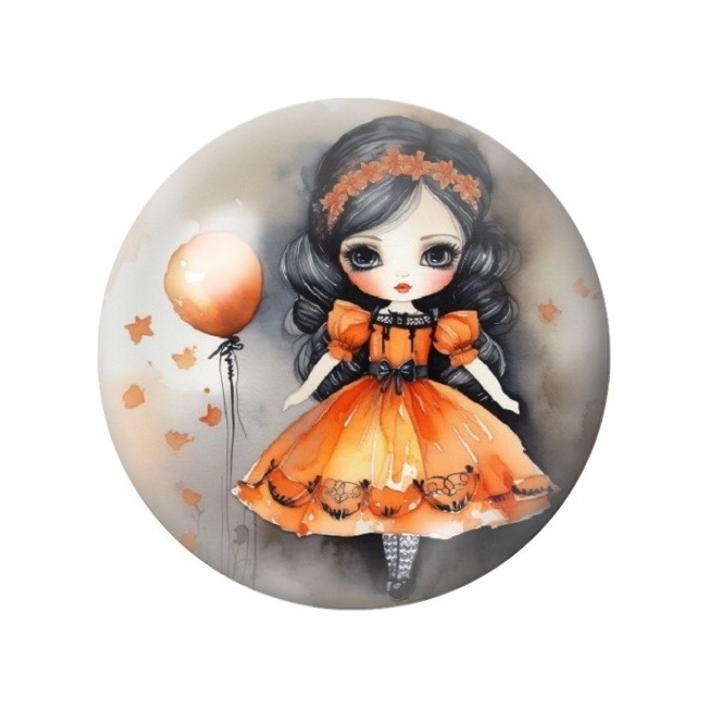 Cabochon en Verre Illustré Petite Fille à la Robe Orange 12 à 25mm