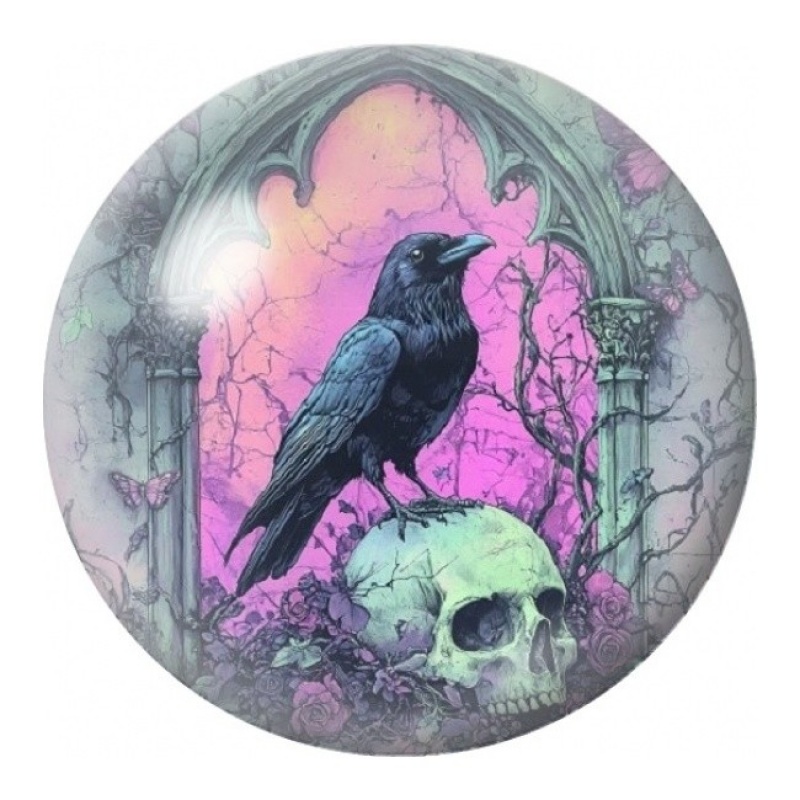 Cabochon en Verre Illustré Corbeau sur Crâne Rose 12 à 25mm