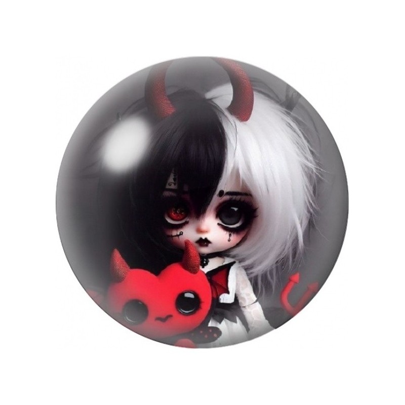 Cabochon en Verre Illustré Petite Démone au Doudou Rouge 12 à 25mm