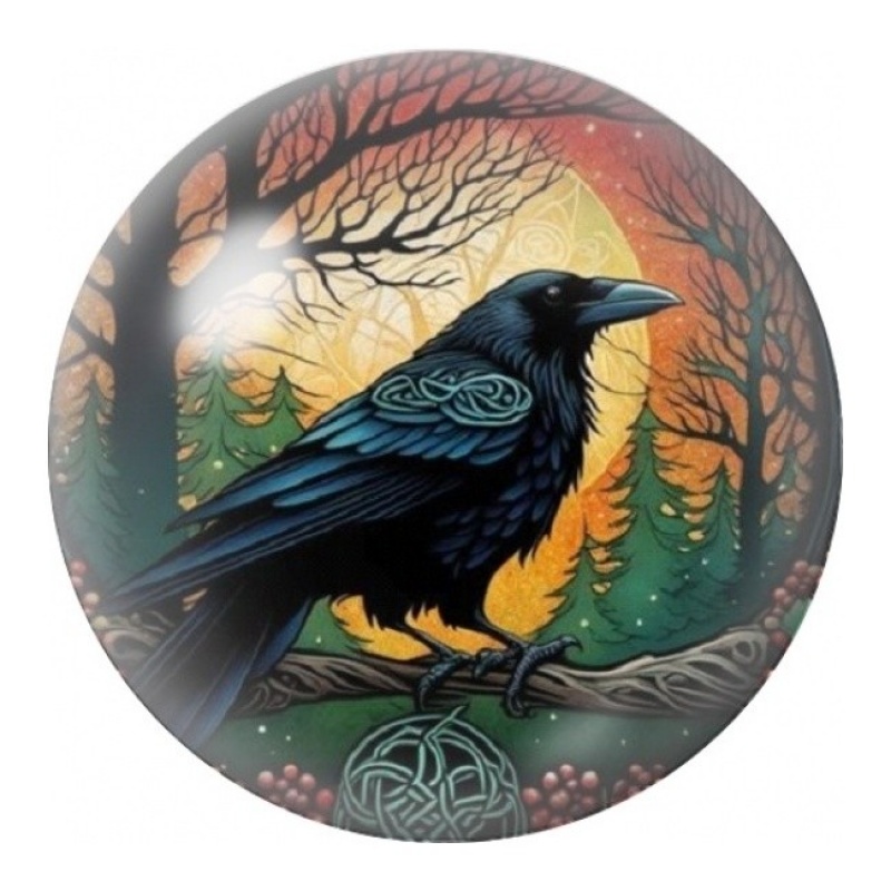 Cabochon en Verre Illustré Corbeau dans la Forêt Dorée 12 à 25mm