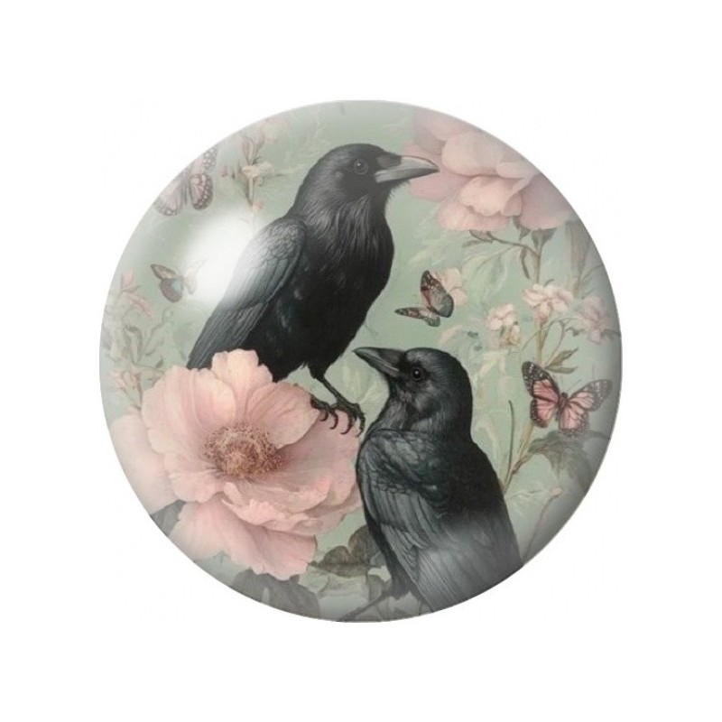 Cabochon en Verre Illustré Deux Corbeaux aux Fleurs Roses 12 à 25mm