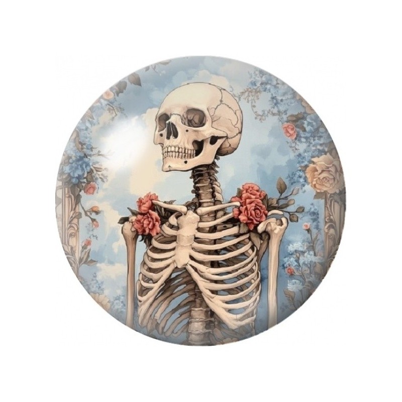Cabochon en Verre Illustré Squelette aux Roses Poudrées 12 à 25mm