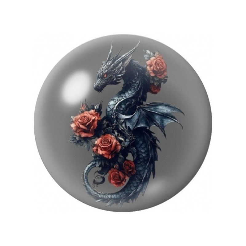 Cabochon en Verre Illustré Dragon Noir Enroulé dans les Roses 12 à 25mm