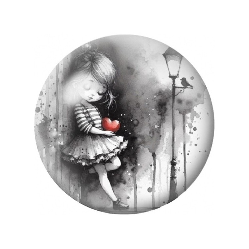 Cabochon en Verre Illustré Petite Fille au Cœur sous la Pluie 12 à 25mm