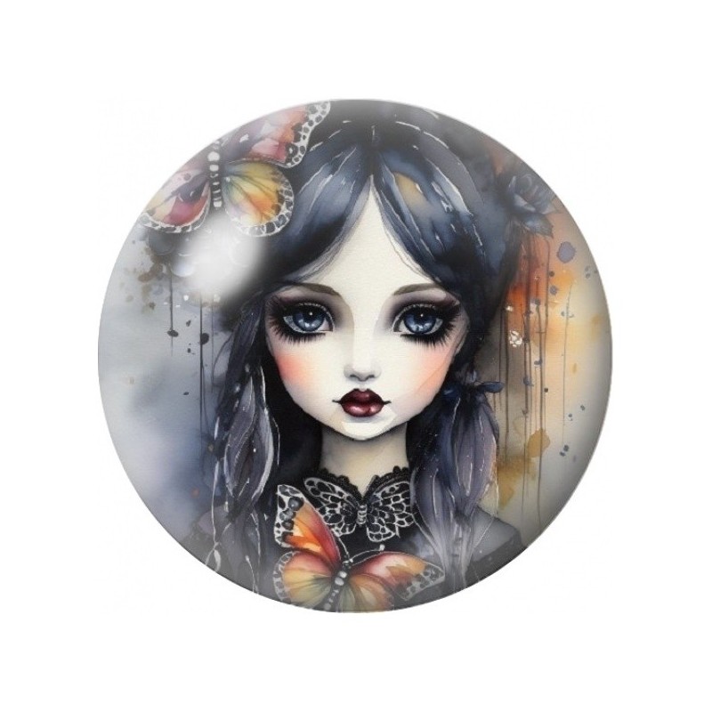 Cabochon en Verre Illustré Jeune Fille au Papillon Orange 12 à 25mm