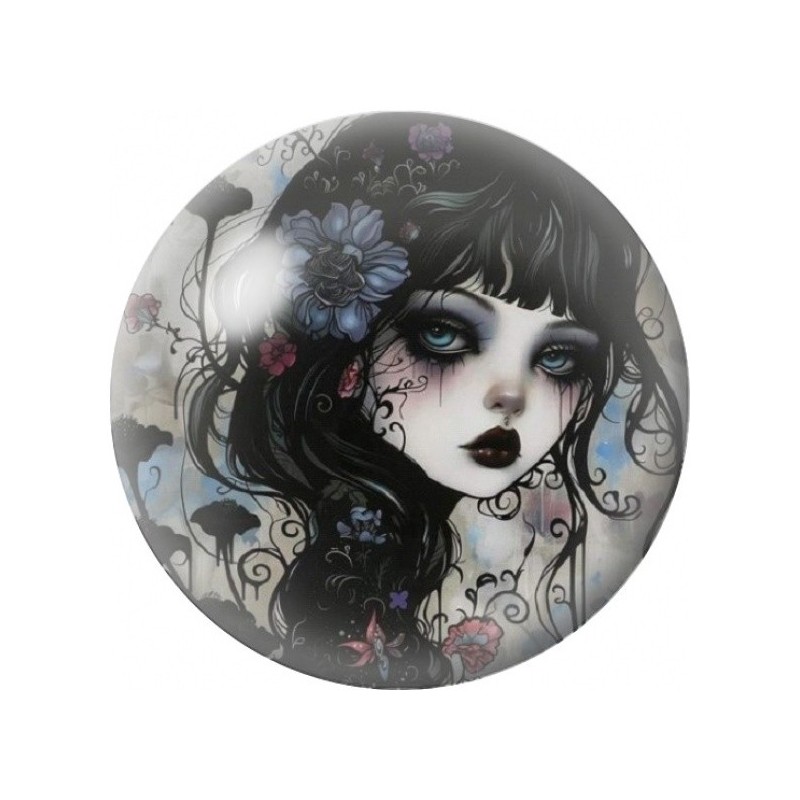 Cabochon en Verre Illustré Femme aux Boucles et Fleurs Noires 12 à 25mm