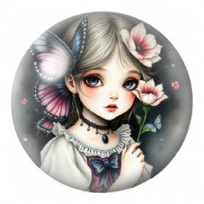 Cabochon en Verre Illustré Petite Fille au Papillon Rose 12 à 25mm pour la Création de Bijoux Fantaisie - DIY
