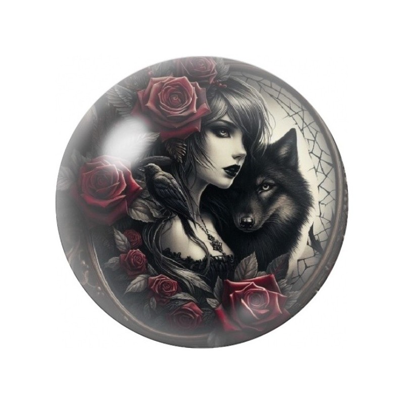 Cabochon en Verre Illustré Femme au Loup Noir 12 à 25mm
