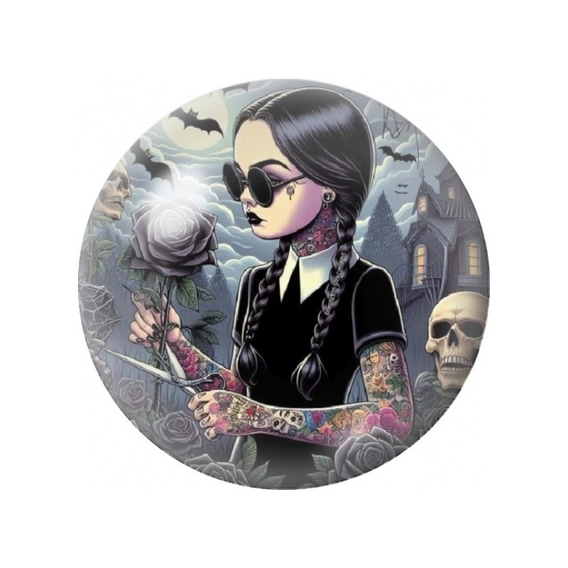 Cabochon en Verre Illustré Mercredi aux Lunettes Noires 12 à 25mm