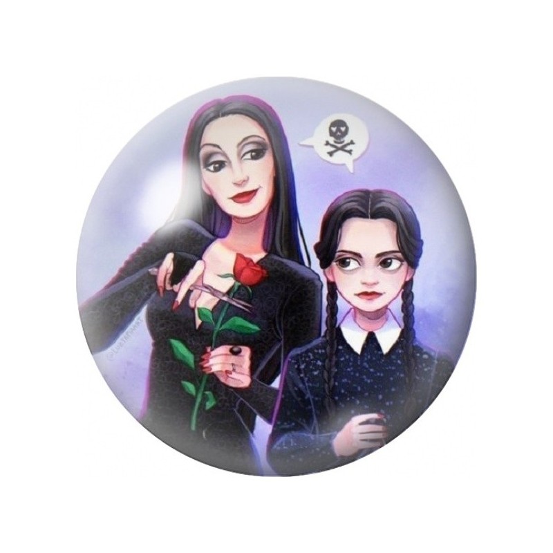 Cabochon en Verre Illustré Morticia et Mercredi à la Rose 12 à 25mm