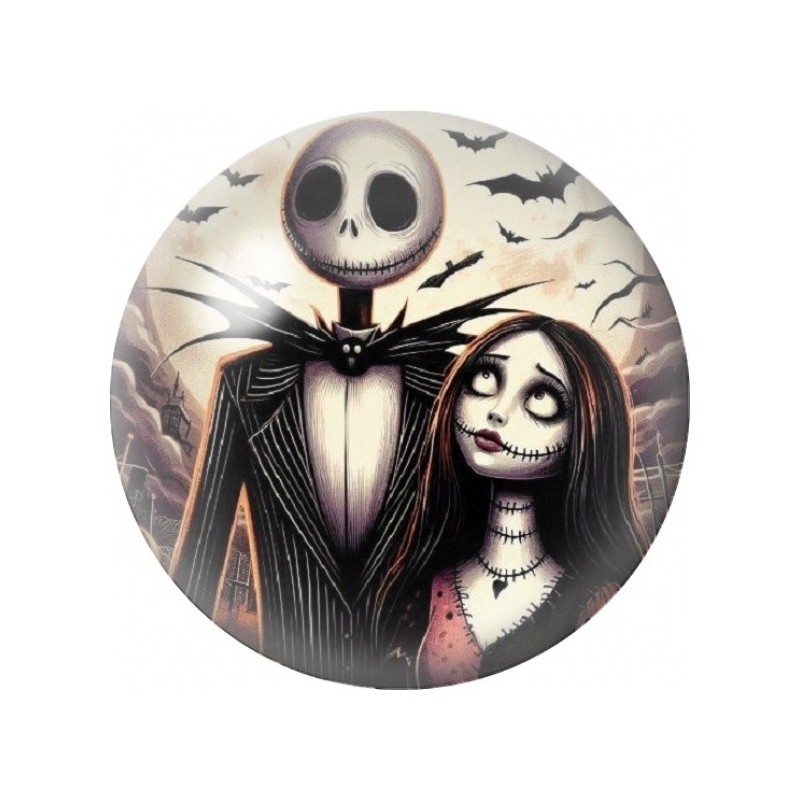 Cabochon en Verre Illustré Jack et Sally aux Chauves-Souris 12 à 25mm