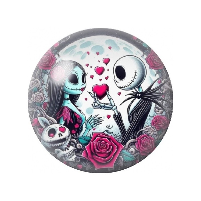 Cabochon en Verre Illustré Jack et Sally au Cœur Rose 12 à 25mm