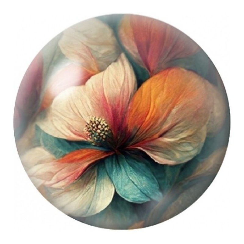 Cabochon en Verre Illustré Fleur Orange et Turquoise 12 à 25mm