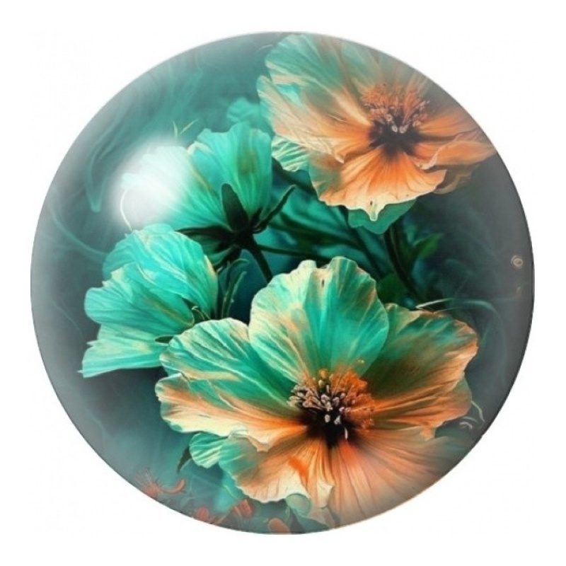 Cabochon en Verre Illustré Fleurs Turquoise et Orange 12 à 25mm