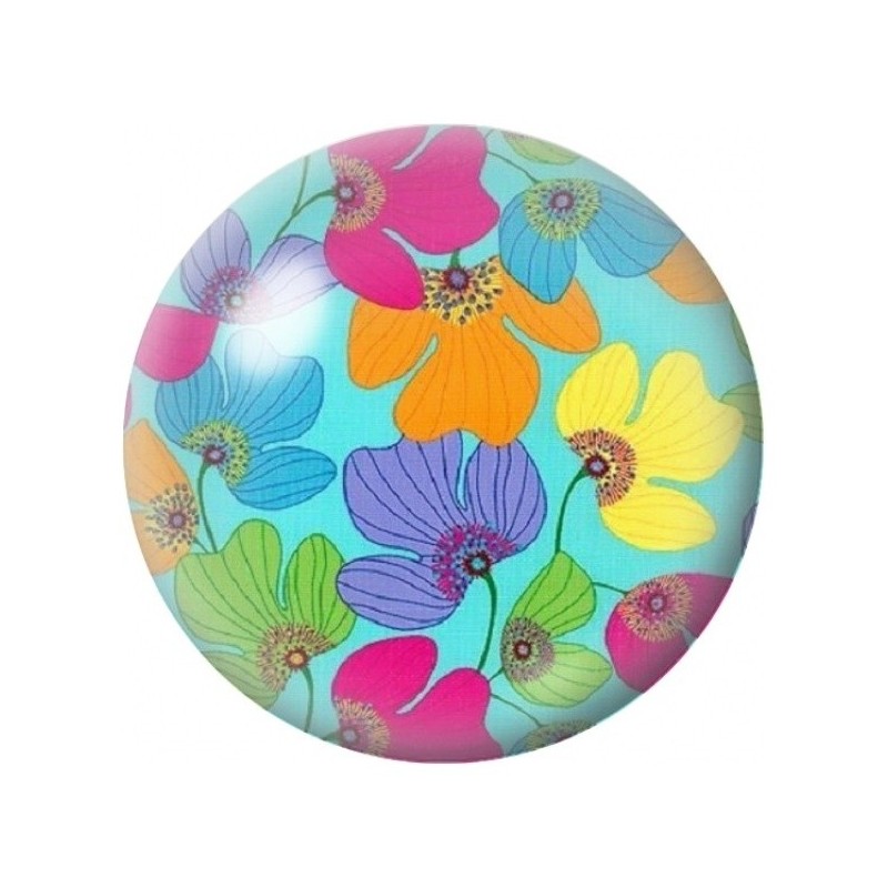 Cabochon en Verre Illustré Fleurs Pop sur Fond Turquoise 12 à 25mm