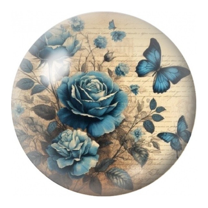 Cabochon en Verre Illustré Rose Bleue aux Papillons 12 à 25mm
