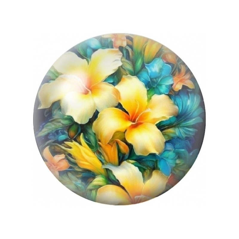 Cabochon en Verre Illustré Lys Jaunes et Feuillage Turquoise 12 à 25mm