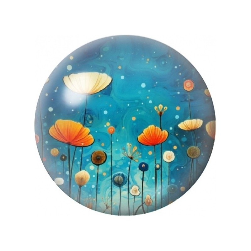 Cabochon en Verre Illustré Prairie Orange sur Fond Turquoise 12 à 25mm