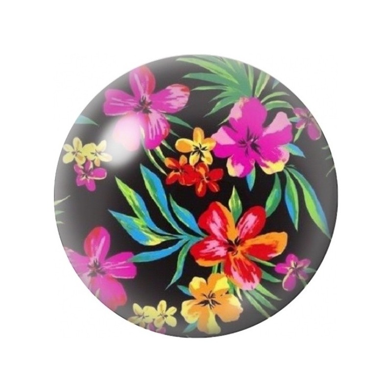 Cabochon en Verre Illustré Fleurs Tropicales sur Fond Noir 12 à 25mm