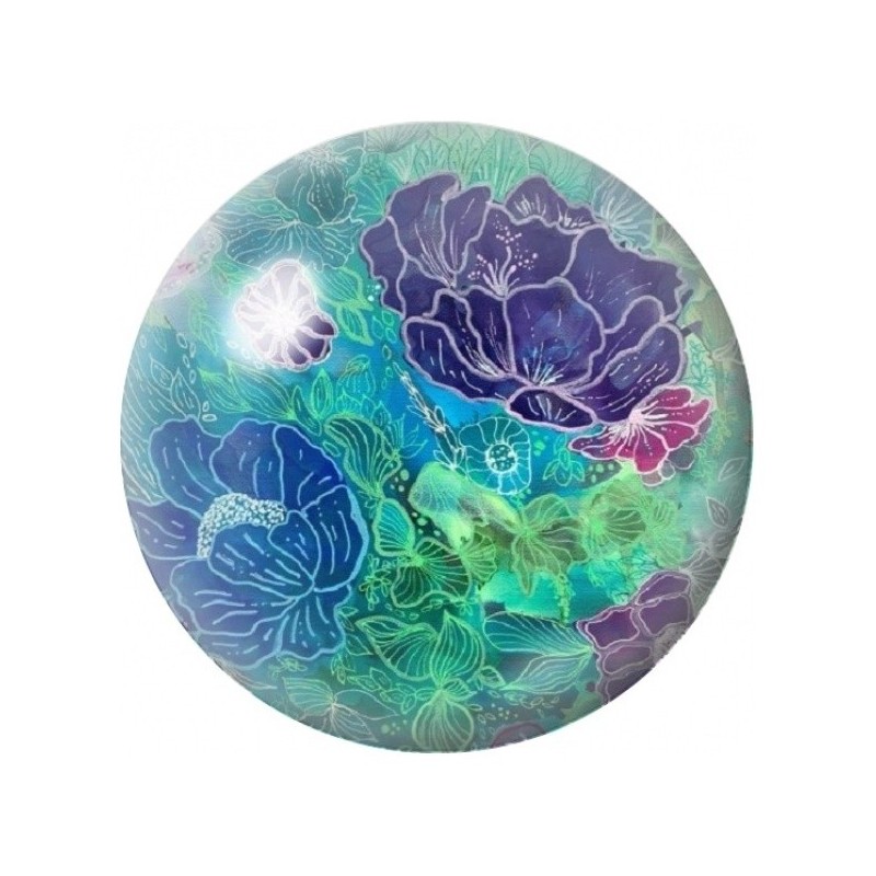 Cabochon en Verre Illustré Fleurs Bleues sur Fond Turquoise 12 à 25mm