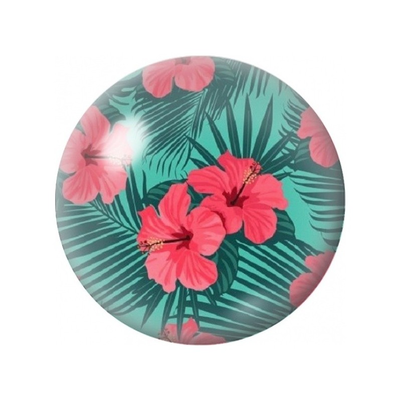 Cabochon en Verre Illustré Hibiscus Corail sur Fond Turquoise 12 à 25mm