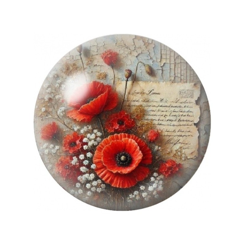 Cabochon en Verre Illustré Coquelicots sur Lettre Ancienne 12 à 25mm